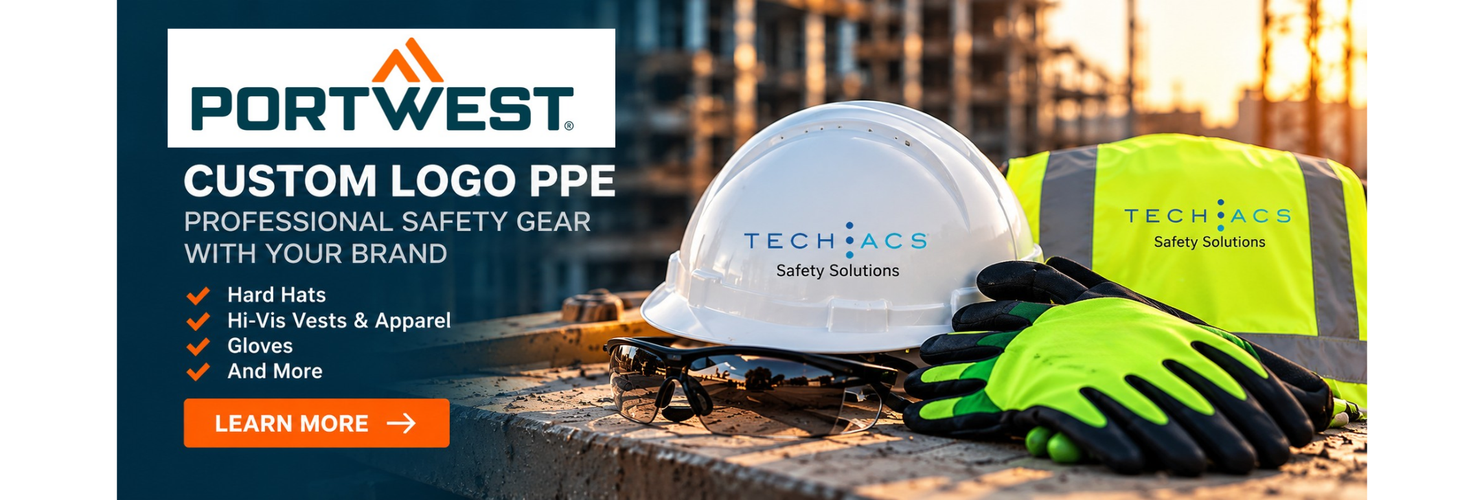 Portwest custom logo PPE from TECHACS Safety Solutions - hard hats, hi-vis apparel and gloves