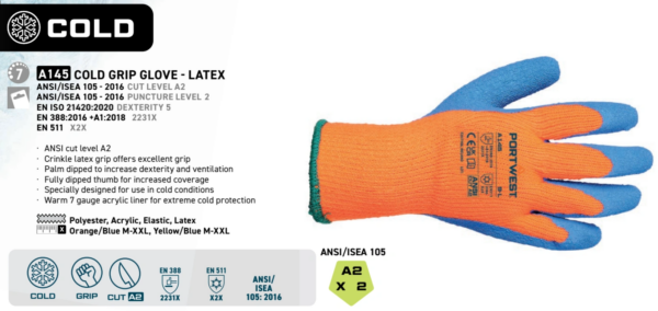 A145 - Cold Grip Glove - Latex Orange/Blue - Image 4