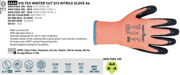 A646 - Vis-Tex Winter Cut D13 Nitrile Glove A4 Orange/Black - Image 4