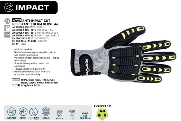 A729 - Anti Impact Cut Resistant Therm Glove A4 Gray/Black - Image 4