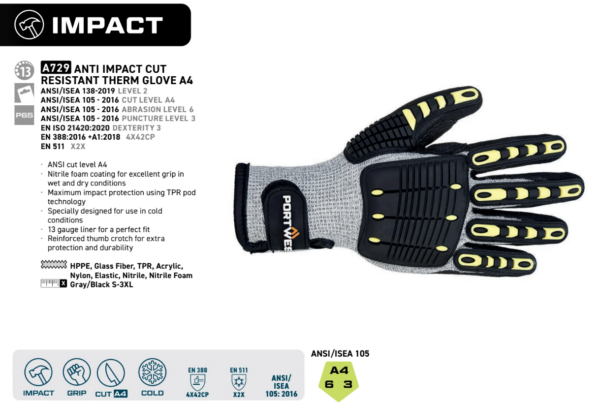 A729 - Anti Impact Cut Resistant Therm Glove A4 Gray/Black - Image 4