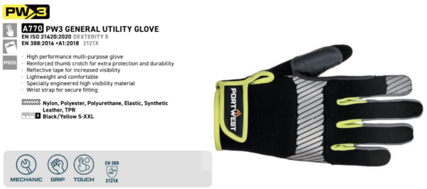 A770 - PW3 General Utility Glove  Black/Yellow - Image 3