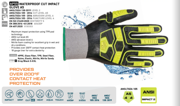 AP55 - Waterproof Cut Impact Glove A5 Gray/Black - Image 2