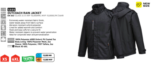 Portwest S555 Outcoach Rain Jacket - Black - Image 4