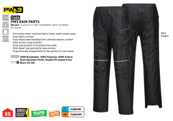 Portwest T604 PW3 Rain Pants - Black - Image 2