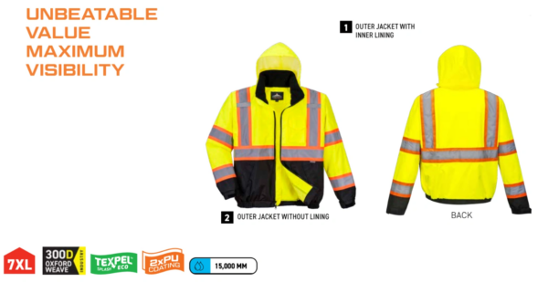 Portwest US367 Hi-Vis 2-in-1 Contrast Bomber Jacket - Yellow/Black - Image 5