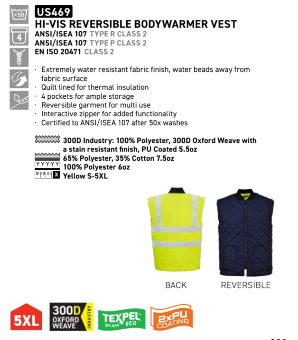 Portwest US469 Hi-Vis Reversible Bodywarmer Vest - Yellow - Image 4