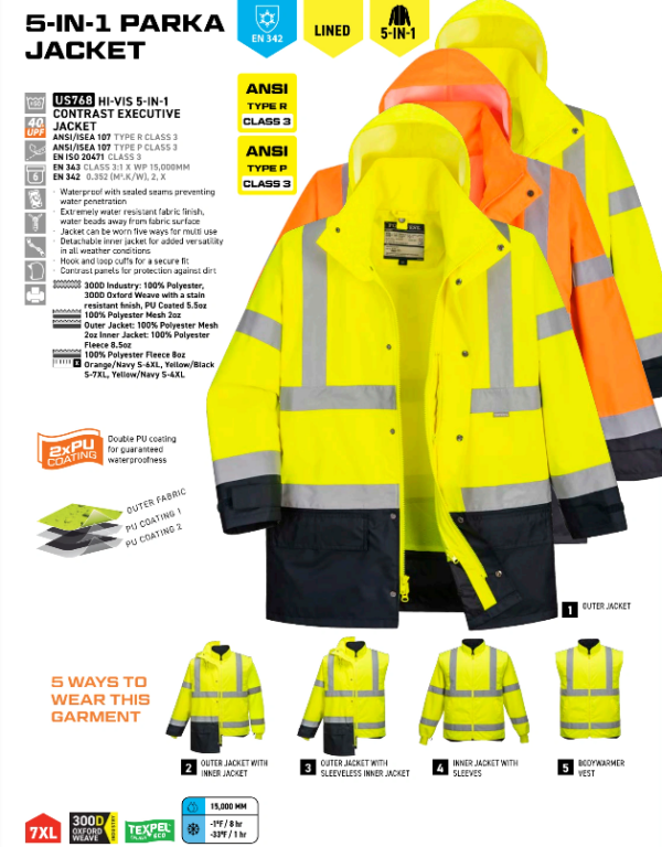 Portwest US768 Hi-Vis 5-in-1 Contrast Executive Jacket Available in Orange/Navy, Yellow/Black, and Yellow/Navy - Image 7