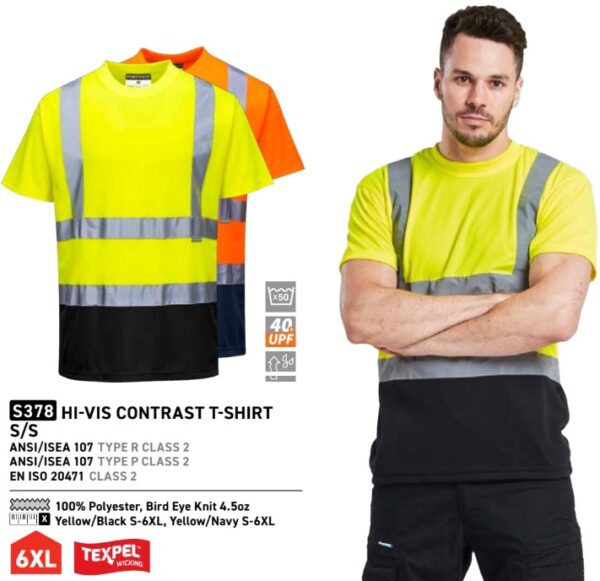 S378 - Hi-Vis Contrast T-Shirt S/S - Yellow/Black or Yellow/Navy - Image 6