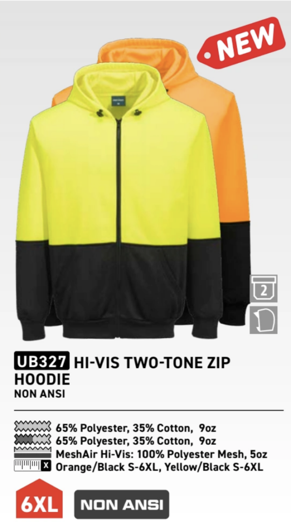 UB327 - Hi-Vis Two-Tone Zip Hoodie  Yellow/Black - Image 2