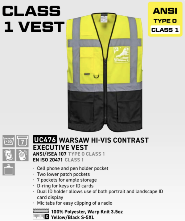 UC476 - Warsaw Hi-Vis Contrast Executive Vest  Yellow/Black - Image 3