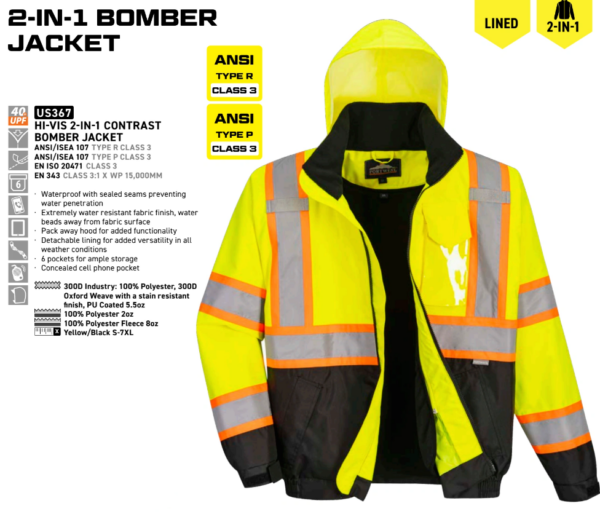 Portwest US367 Hi-Vis 2-in-1 Contrast Bomber Jacket - Yellow/Black - Image 4