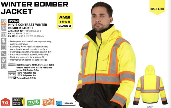 US368 - Hi-Vis Contrast Winter Bomber Jacket  Yellow/Black - Image 3