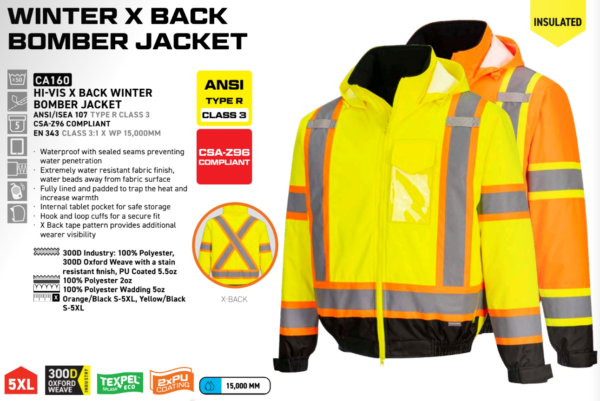 CA160 - Hi-Vis X Back Winter Bomber Jacket Yellow/Black - Image 3