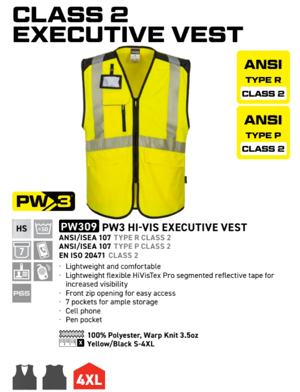 PW309 - PW3 Hi-Vis Executive Vest Yellow/Black - Image 2