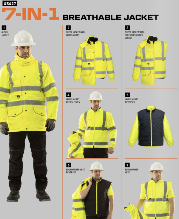 US427- High Visibility Breathable 7-in-1 Traffic Jacket Yellow - Image 2