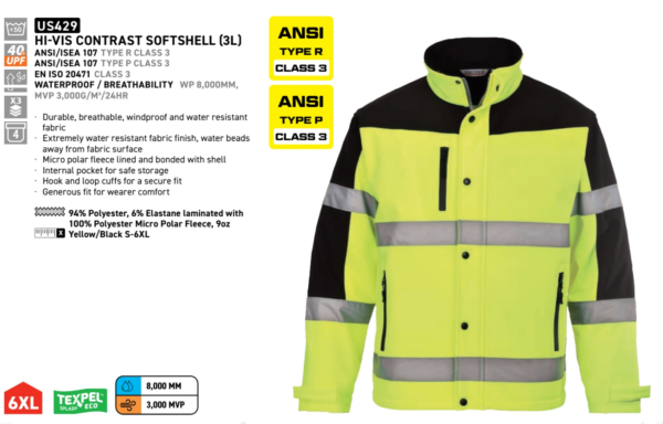 US429 - Hi-Vis Contrast Softshell (3L) Yellow/Black - Image 2