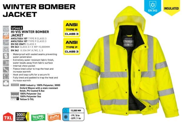 US463 - Hi-Vis Winter Bomber Jacket Yellow - Image 2