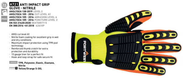 A721 - Anti Impact Grip Glove - Nitrile Yellow/Orange - Image 2