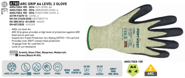 A780 - Arc Grip A4 Level 2 Glove Green/Black - Image 4