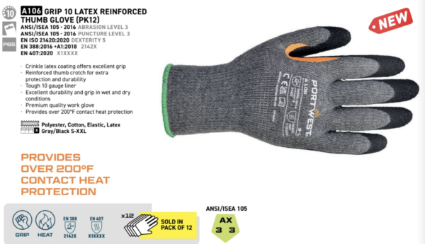 A106 - Grip 10 Latex Reinforced Thumb Glove (Pk12)  Grey/Black - Image 3