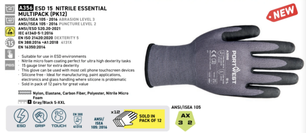 A356 - ESD 15 Nitrile Essential Multipack (Pk12)  Grey/Black - Image 3