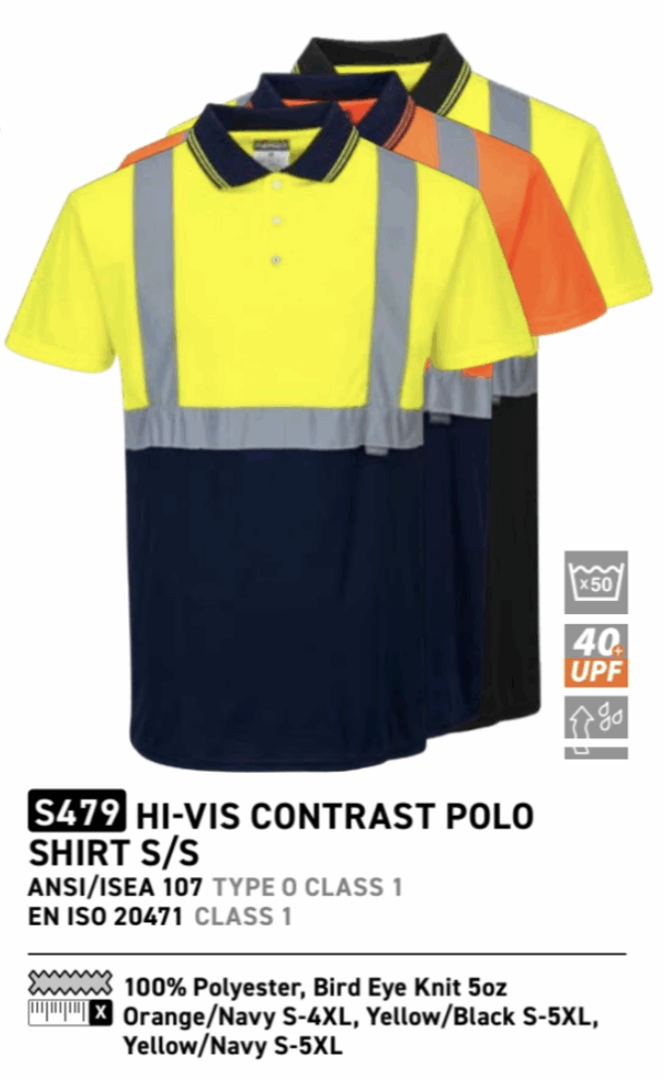 S479 - Hi-Vis Contrast Polo Shirt S/S  Yellow/Navy - Image 3