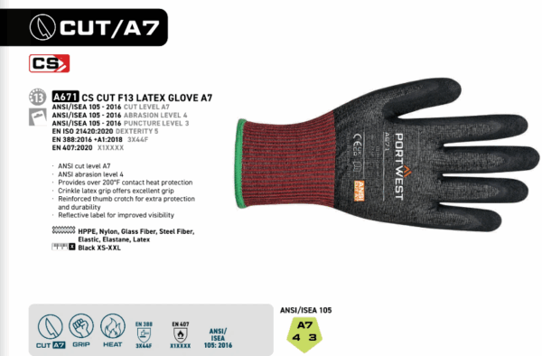 A671 - CS Cut F13 Latex Glove A7 Black - Image 3