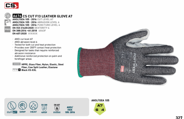 A674 - CS Cut F13 Leather Glove A7 Black - Image 2