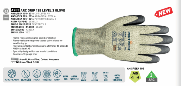 A783 - Arc Grip 13E Level 3 Glove Green/Black - Image 2