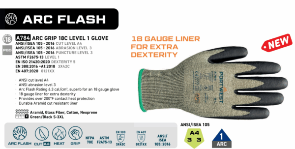 A784 - Arc Grip 18C Level 1 Glove Green/Black - Image 3