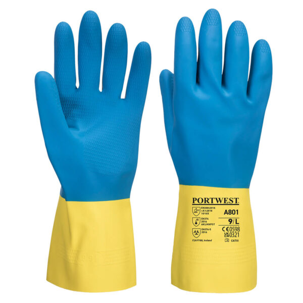 A801 - Double Dipped Latex Gauntlet Yellow/Blue - Image 3