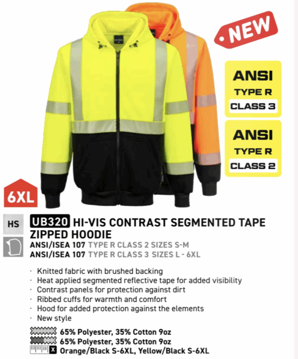 UB320 - Hi-Vis Contrast Segmented Tape Zipped Hoodie  Orange/Black - Image 3