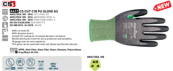 A637 - CS Cut C18 PU Glove A3 Gray/Black - Image 3