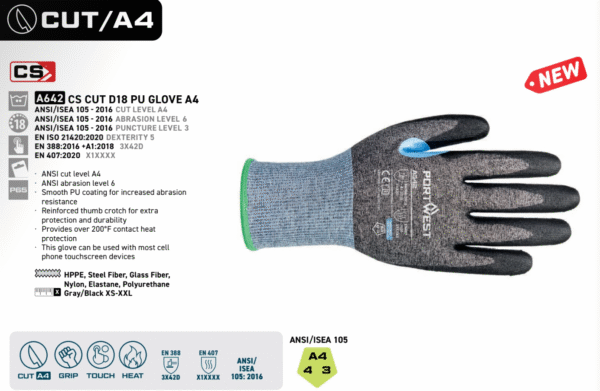 A642 - CS Cut D18 PU Glove A4 Gray/Black - Image 3