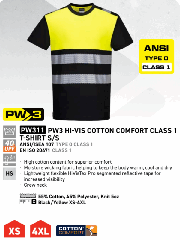 PW311 - PW3 Hi-Vis Cotton Comfort Class 1 T-Shirt S/S Black/Yellow - Image 2