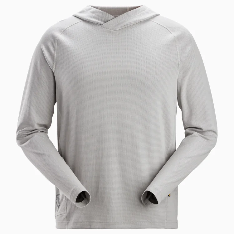 Gray long-sleeve hooded shirt with a simple, minimalist design.