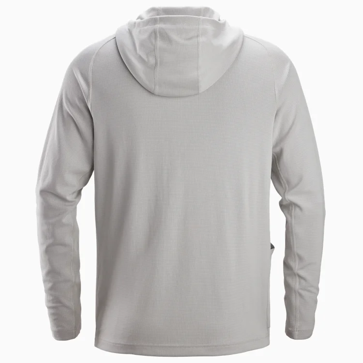 Back view of a light gray hooded sweatshirt showing the hood and long sleeves in a plain design
