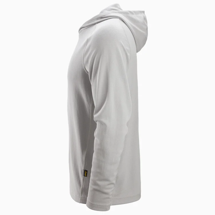 Light gray hooded long-sleeve jacket shown from the side, highlighting the fit and texture of the fabric with the hood resting at the back.