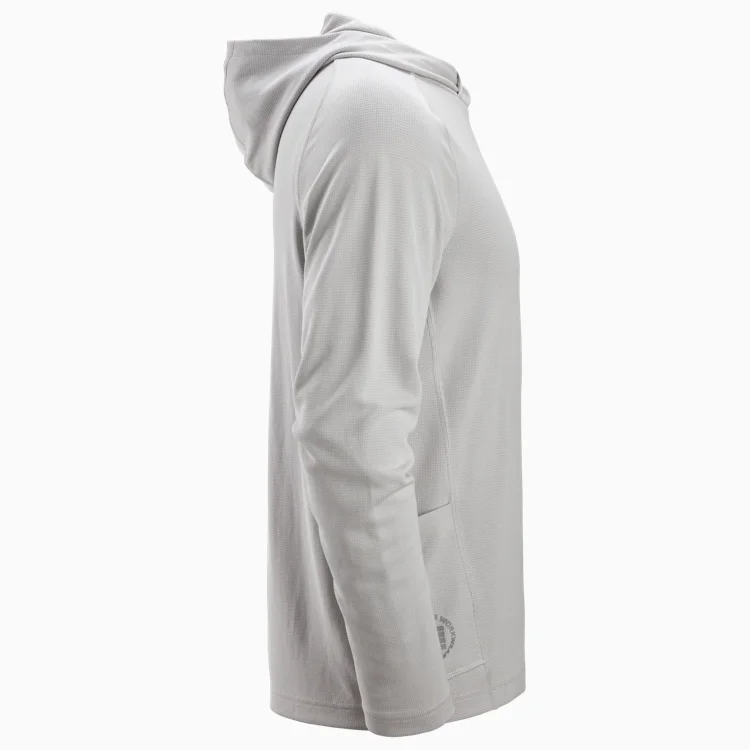 Light gray hooded long-sleeve athletic top shown in profile view, with subtle texture fabric.