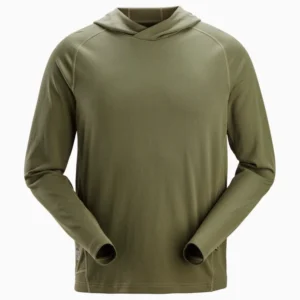 Olive-green hooded long-sleeve pullover with a simple plain front and visible seams at the shoulders and cuffs.