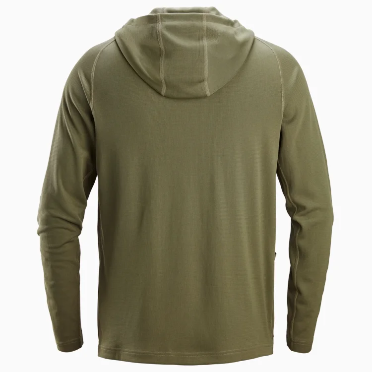 Back view of an olive green hooded long-sleeve shirt with no visible front details or graphics