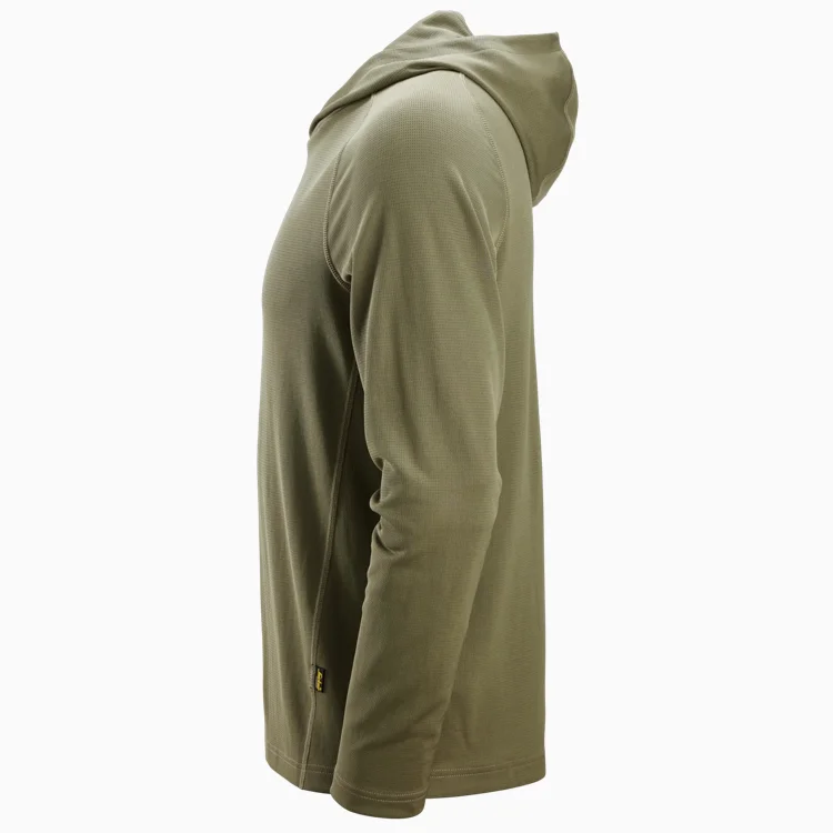 Olive-green hooded long-sleeve shirt shown from the side.