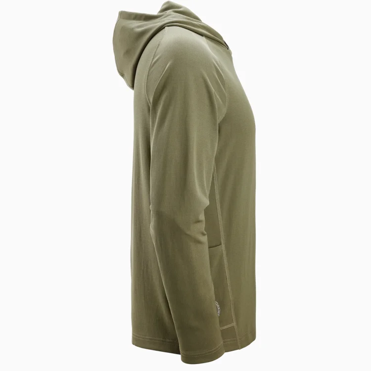 Side view of an olive green hoodie made from lightweight fabric with long sleeves and attached hood.