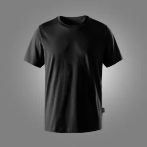 Plain black crew-neck T-shirt with short sleeves displayed on a neutral gray background