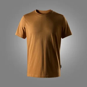 Plain caramel-brown short-sleeve T-shirt on a gray background, shown from the front.