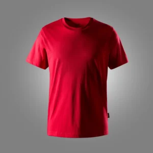 Red plain short-sleeve T-shirt on a gray backdrop, front view (product photo)