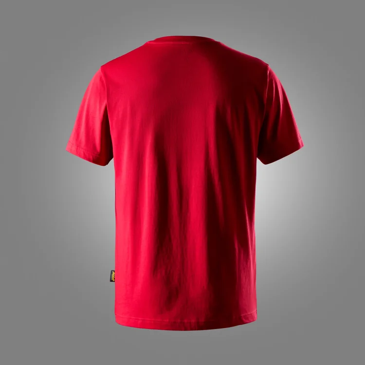 Red short-sleeve T-shirt shown from the back against a gray gradient background.