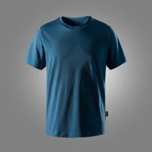 Blue short-sleeve T-shirt on a gray backdrop, front view (product photo).-Front view of a blue crew-neck T-shirt on a neutral gray background.-Plain blue tee with short sleeves displayed against a studio gray background.-Teal-blue cotton T-shirt shown from the front in a product shot.-Front view of a blue casual T-shirt for sale on a gray backdrop.