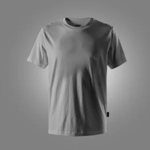 White plain crew-neck T-shirt displayed against a neutral gray background, front view for product catalog.